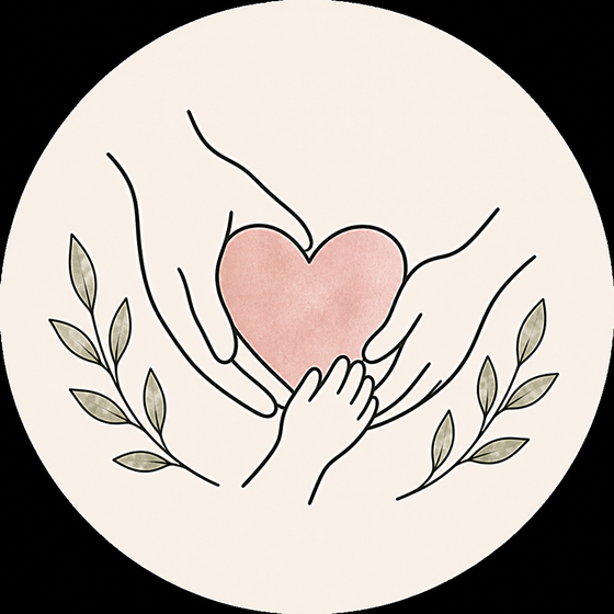 Mains de différentes tailles autour d'un cœur, symbole de soutien familial