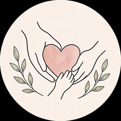 Mains de différentes tailles autour d'un cœur, symbole de soutien familial